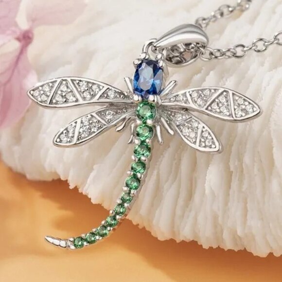 Dragonfly Insect Blue Green and CZ Silver Fashion Pendant Necklace NWOT - Picture 11 of 13